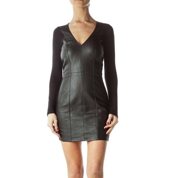 Sky Dresses & Skirts - SKY Black Mixed Media Faux-Leather Front Long Sleeve Dress